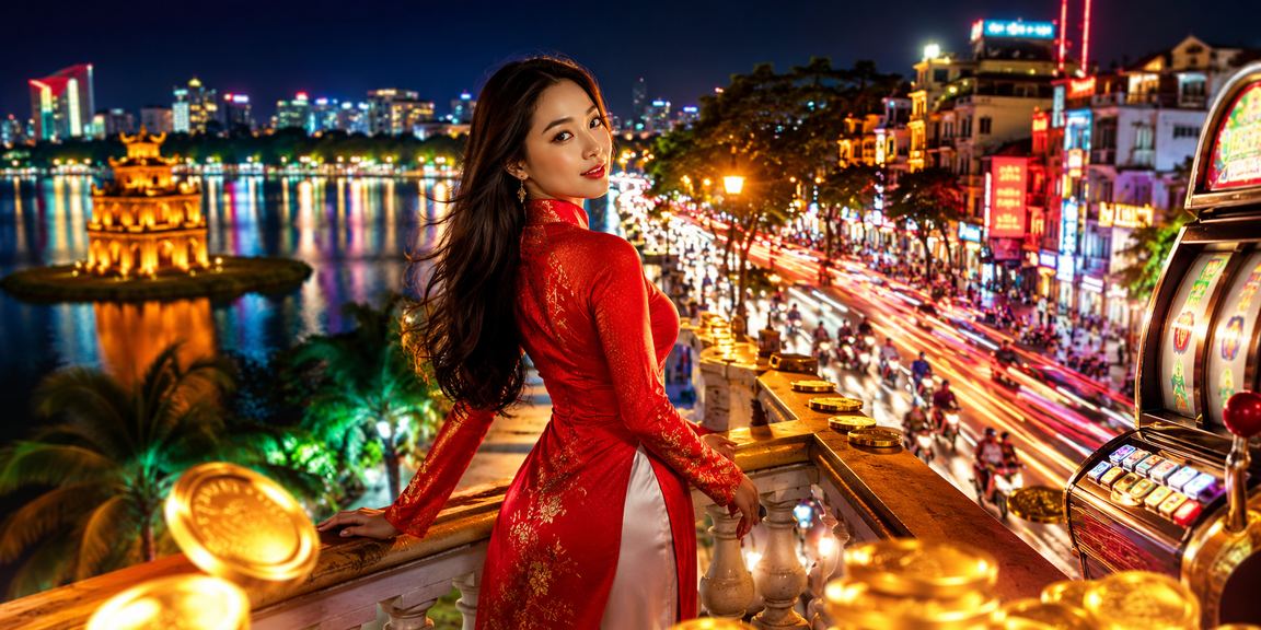 Bối cảnh Hà Nội với hình ảnh trò chơi slot và phong cách áo dài